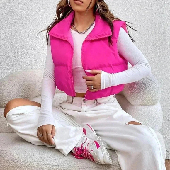 Hot Pink Casual Women's Y2k Zipper Front Vest Padded Coat - Picture 6 of 6